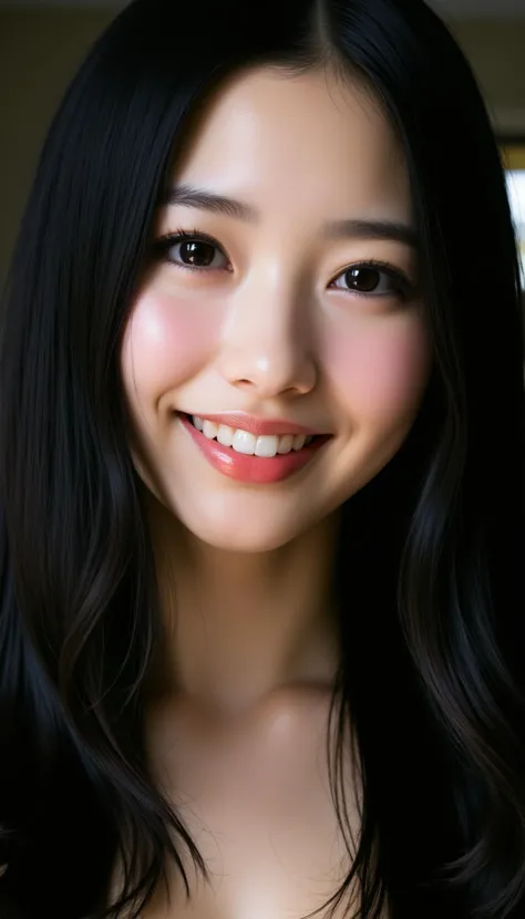 A hyper-realistic of a woman with long, flowing black hair cascading over her shoulders, and porcelain skin. Her eyes are a deep, mesmerizing black with intricate, glowing patterns. Her lips are a shimmering rose gold, glossy and perfectly contoured. smile, happy,