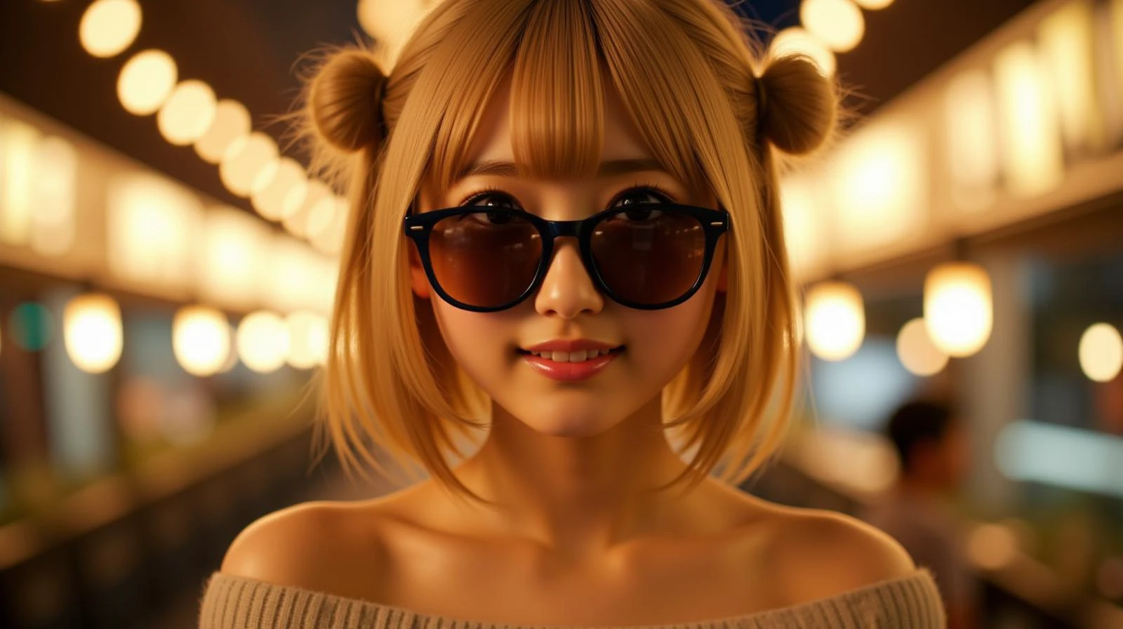 (A close-up, front-on, oblique-angle photo of a super-beautiful Japanese gyaru staring straight ahead), extremely detailed beautiful narrow face, extremely detailed beautiful eyes, brown eye, (blush:1) and (smile:0.8) , extremely detailed beautiful skin, (dark skin:2), blonde hair, (side bangs), double buns , (black-rimmed amber sunglasses) , (off shoulder knit wear), christmas lights love hotel, highest resolution, ultimate lighting, ultimate shading, cinematic lighting, soft lighting