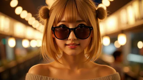 (A close-up, front-on, oblique-angle photo of a super-beautiful Japanese gyaru staring straight ahead), extremely detailed beautiful narrow face, extremely detailed beautiful eyes, brown eye, (blush:1) and (smile:0.8) , extremely detailed beautiful skin, (dark skin:2), blonde hair, (side bangs), double buns , (black-rimmed amber sunglasses) , (off shoulder knit wear), christmas lights love hotel, highest resolution, ultimate lighting, ultimate shading, cinematic lighting, soft lighting