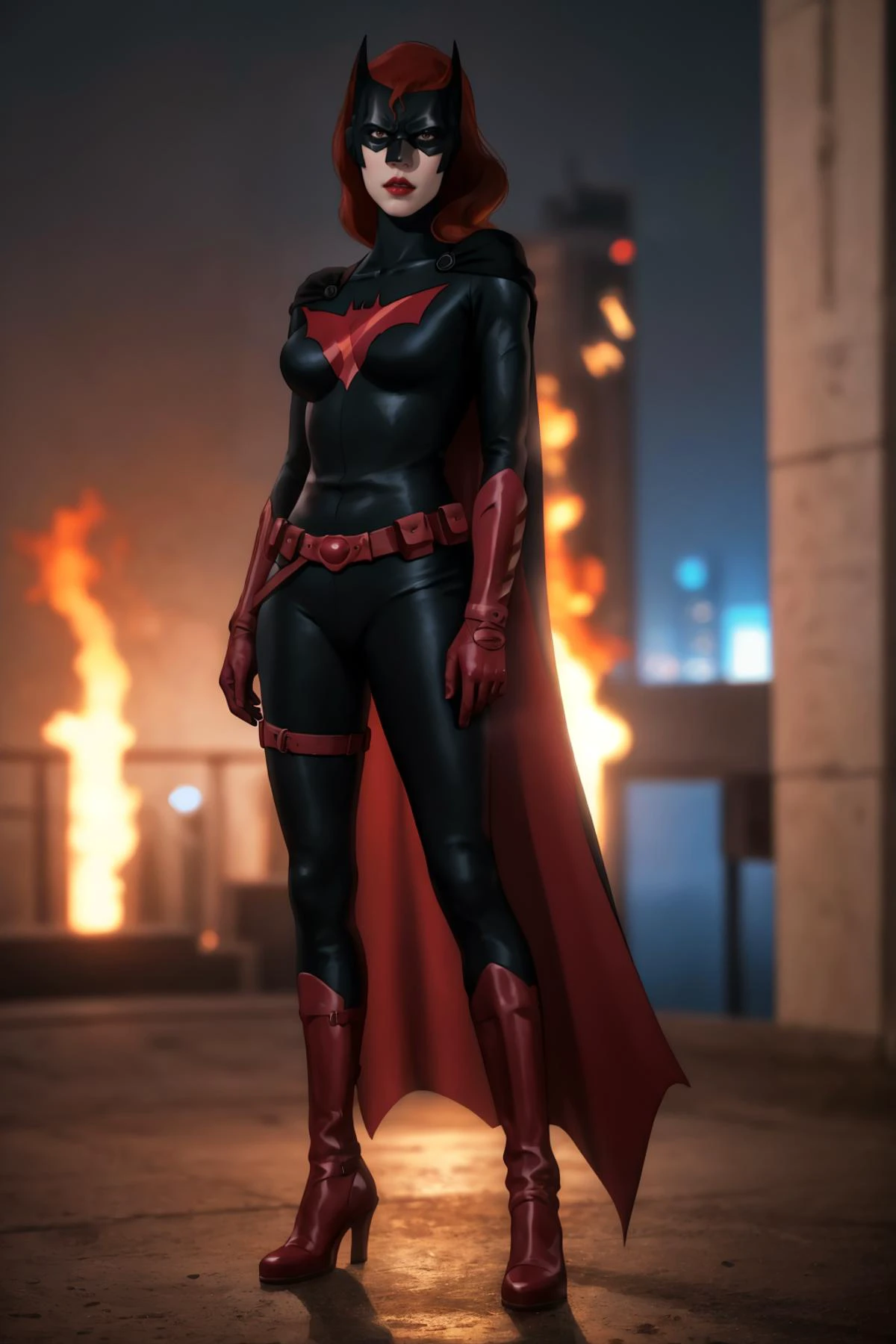 8k,highres,absurdres,masterpiece,best quality,original,extremely detailed CG,extremely detailed wallpaper,perfect lighting,<lyco:GoodHands-beta2:1>,
1girl,solo,blurry_background,looking_at_viewer,standing on the stage,
<lora:CARTOON_DC_batwoman_bad_blood_ownwaifu:0.6>,DC_batwoman_costume_ownwaifu,1girl,pale skin,white eyes,mask,breasts,long hair,lipstick,red hair,medium breasts,pouch,lips,makeup,red gloves,red lips,colored skin,large breasts,bat print,bodysuit,cape,superhero,red gloves,gloves,belt,black bodysuit,utility belt,black cape,belt pouch,helmet,cleavage,armor,holster,belt buckle,red cape,thigh strap,red belt,