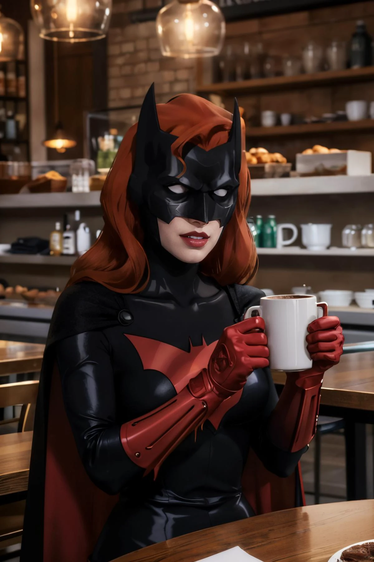 DC_batwoman_costume_ownwaifu, white eyes, mask, long red hair, red gloves, bat print, black bodysuit, cape,armor, looking at viewer, serious, smirk, sitting, upper body shot, behind a table, inside cozy cafe, holding mug of hot chocolate, playful ambiance, high quality, masterpiece, <lora:CARTOON_DC_batwoman_bad_blood_ownwaifu:.7>