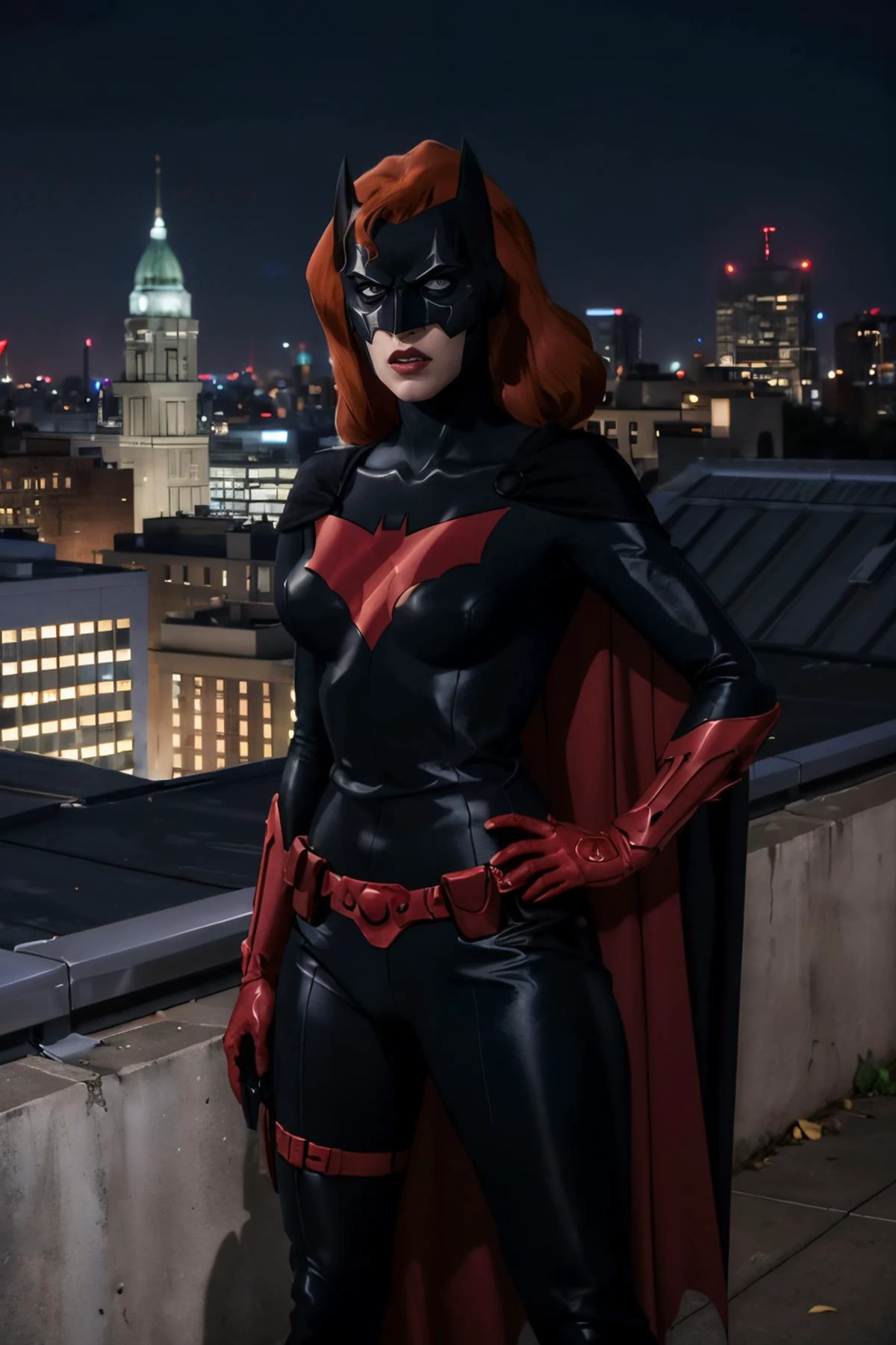 DC_batwoman_costume_ownwaifu, white eyes, mask, long red hair, pouch, red gloves, bat print, black bodysuit, cape, belt, armor, thigh strap, looking at viewer, serious, standing, hands on hips, outside, on building roof, cityscape, night time, moon, high quality, masterpiece, <lora:CARTOON_DC_batwoman_bad_blood_ownwaifu:.7>