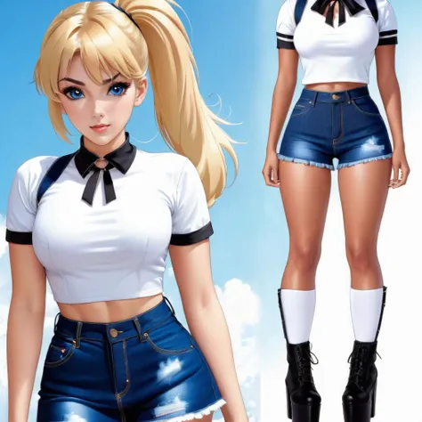 (blond hair)+++, (perfect female body, narrow waist)+++, (big breasts)+, long legs, dark pantyhose+++(blue eyes, twin ponytails+++, very long hair)+++, choker, looking at viewer, (Tight denim Micro skirt)+++, Thin white top+++ <lora:PerfectBreastsV4-offset:0.8> <lora:hipoly_3dcg_v7-epoch:0.8> <lora:MeganFoxDoguV3:0.9> <lora:xl_yamer_style-3.0:0.8> yamer style