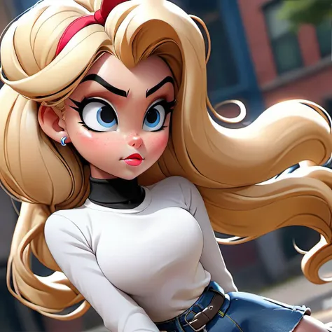 (blond hair)+++, (perfect female body, narrow waist)+++, (big breasts)+, long legs, dark pantyhose+++(blue eyes, twin ponytails+++, very long hair)+++, choker, looking at viewer, (Tight denim Micro skirt)+++, Thin white top+++ <lora:PerfectBreastsV4-offset:0.8> <lora:hipoly_3dcg_v7-epoch:0.8> <lora:MeganFoxDoguV3:0.9> <lora:xl_yamer_style-3.0:0.8> yamer style