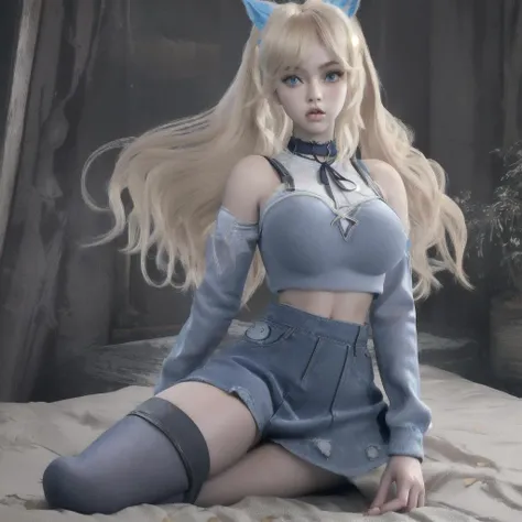(blond hair)+++, (perfect female body, narrow waist)+++, (big breasts)+, long legs, dark pantyhose+++(blue eyes, twin ponytails+++, very long hair)+++, choker, looking at viewer, (Tight denim Micro skirt)+++, Thin white top+++ <lora:PerfectBreastsV4-offset:0.8> <lora:hipoly_3dcg_v7-epoch:0.8> <lora:MeganFoxDoguV3:0.9>  <lora:xl_yamer_style-3.0:0.8> yamer style