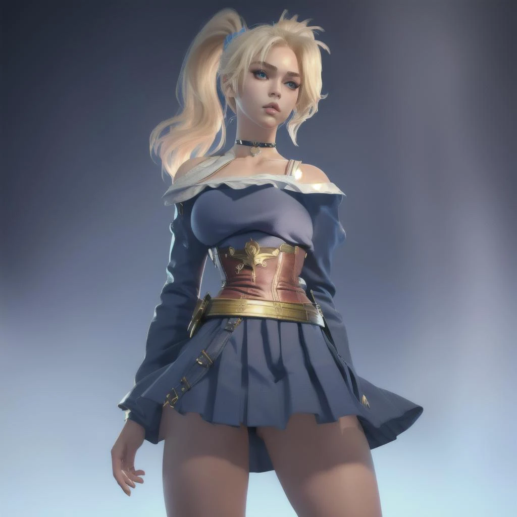 (blond hair)+++, (perfect female body, narrow waist)+++, (big breasts)+, long legs, (blue eyes, ponytail, very short hair)+, choker, looking at viewer, Micro skirt, <lora:PerfectBreastsV4-offset:0.8> <lora:hipoly_3dcg_v7-epoch:0.8> <lora:MeganFoxDoguV3:0.9> <lora:xl_yamer_style-3.0:0.8> yamer style