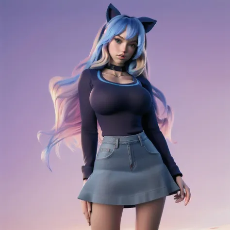 Professional Fujifilm quality, professional photograph,(blond hair)+++, (perfect female body, narrow waist)+++, (big breasts)+, long legs, dark pantyhose+++(blue eyes, twin ponytails+++, very long hair)+++, choker, looking at viewer, (Tight denim Micro skirt)+++, Thin white top+++ <lora:PerfectBreastsV4-offset:0.8> <lora:hipoly_3dcg_v7-epoch:0.8> <lora:MeganFoxDoguV3:0.9> <lora:xl_yamer_style-3.0:0.8> yamer style