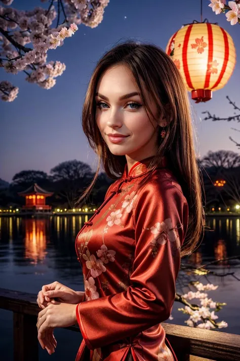 wearing a Cheongsam, shiny silk, floral design, looking at viewer, smirk, happy, medium shot, standing, outside, lake, night torii, fireworks, high quality, masterpiece, (sakura trees, cherry blossom), (paper lanterns, lunar new year) <lora:PerfectFullBreasts-fCV3.5:1.0>, <lora:more_details:0.8>, <lora:GoodHands-vanilla:0.8>, <lora:MeganFoxDoguV3:0.8> megf