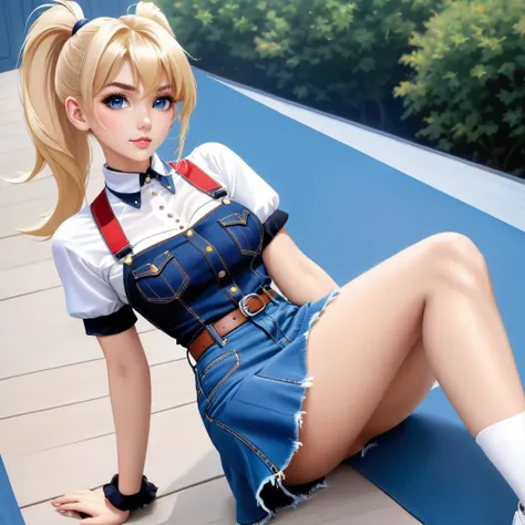 (blond hair)+++, (perfect female body, narrow waist)+++, (big breasts)+, long legs, dark pantyhose+++(blue eyes, twin ponytails+++, very long hair)+++, choker, looking at viewer, (Tight denim Micro skirt)+++, Thin white top+++ <lora:PerfectBreastsV4-offset:0.8> <lora:hipoly_3dcg_v7-epoch:0.8> <lora:MeganFoxDoguV3:0.9> <lora:xl_yamer_style-3.0:0.8> yamer style