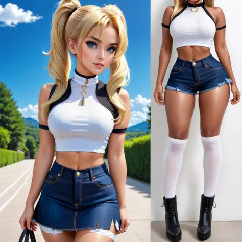 (blond hair)+++, (perfect female body, narrow waist)+++, (big breasts)+, long legs, dark pantyhose+++(blue eyes, twin ponytails+++, very long hair)+++, choker, looking at viewer, (Tight denim Micro skirt)+++, Thin white top+++ <lora:PerfectBreastsV4-offset:0.8> <lora:hipoly_3dcg_v7-epoch:0.8> <lora:MeganFoxDoguV3:0.9> <lora:xl_yamer_style-3.0:0.8> yamer style