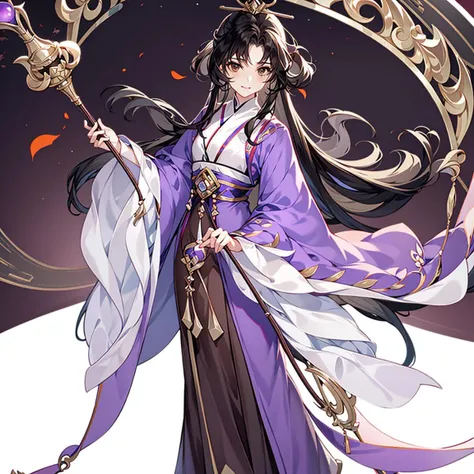 solo, 1girl, brown hair, white background, full body, brown eyes, long sleeves, simple background, looking at viewer, wide sleeves, holding, standing, purple footwear, hair ornament, pants, staff, shawl, hagoromo, holding staff, closed mouth, hair rings, petals, shoes, sleeves past wrists, ribbon, puffy pants <lora:wangchuan1:1>