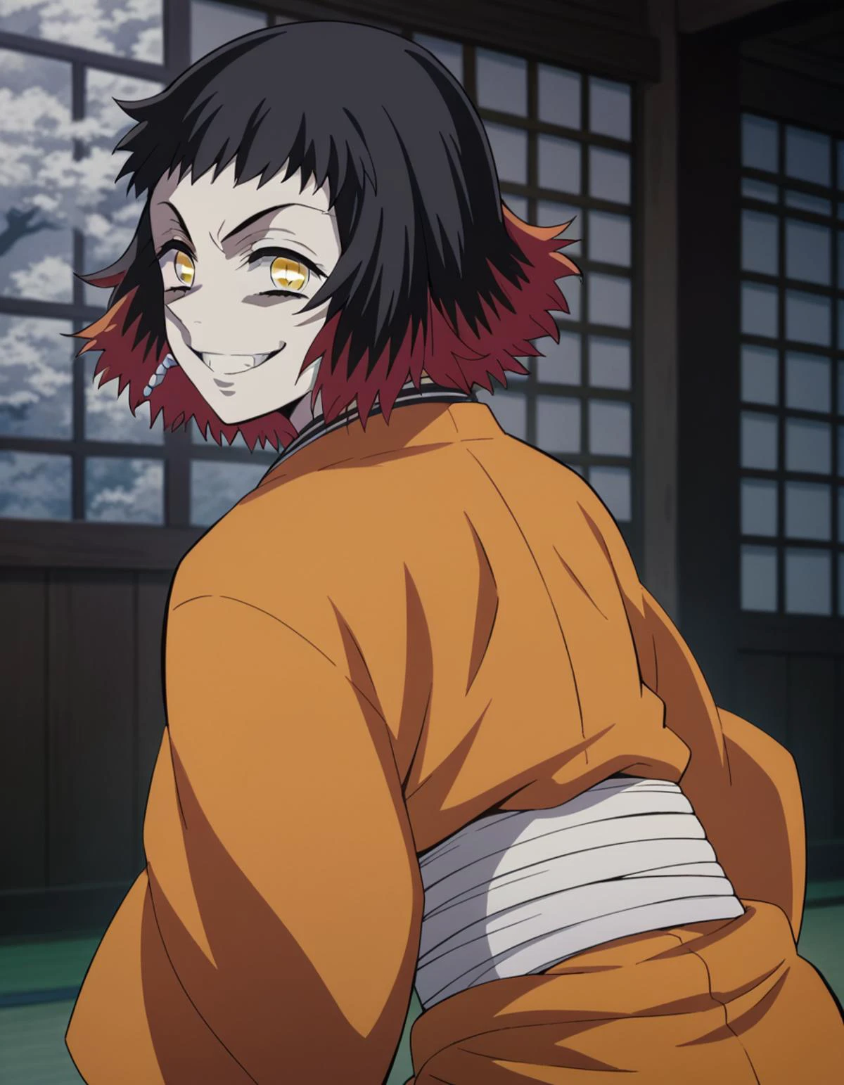 score_9, score_8_up, score_7_up, source_anime,
susamaru, <lora:susamaru-s1-ponyxl-lora-nochekaiser:1>,
susamaru, short hair, black hair, yellow eyes, red hair, multicolored hair, two-tone hair,
jewelry, japanese clothes, kimono, sash, orange kimono, black haori, haori,
indoors, dojo, bent over, smile,
solo, looking at viewer, cowboy shot, dutch angle,
