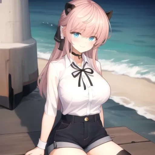 ((masterpiece)),(best quality),official art,extremely detailed CG,unity 8k wallpaper,ultra detailed,A lighthouse on a cliff by the sea,1girl,solo,upper body,looking at viewer,Vivi(v atmi),neck ribbon,blue eyes,hair ribbon,denim shorts,horns,long hair,smile,collared shirt,black thighhighs,choker,pink hair,black ribbon,white shirt,large breasts,bangs,black footwear,boots,long sleeves,sidelocks,<lora:Vivi(v atmi)>,