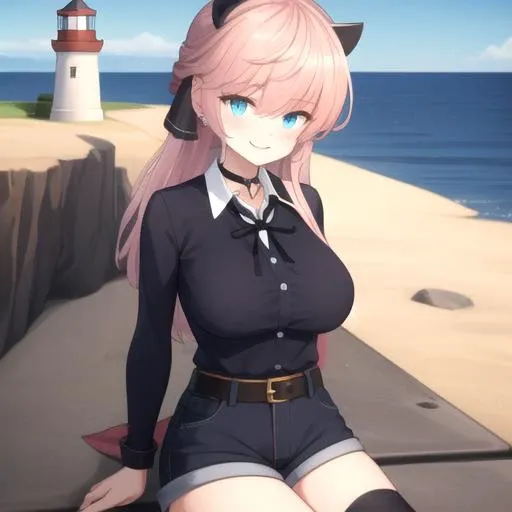 ((masterpiece)),(best quality),official art,extremely detailed CG,unity 8k wallpaper,ultra detailed,A lighthouse on a cliff by the sea,1girl,solo,upper body,looking at viewer,Vivi(v atmi),denim shorts,neck ribbon,blue eyes,hair ribbon,horns,long hair,smile,collared shirt,black thighhighs,choker,pink hair,black ribbon,white shirt,large breasts,bangs,black footwear,boots,long sleeves,sidelocks,<lora:Vivi(v atmi)>,