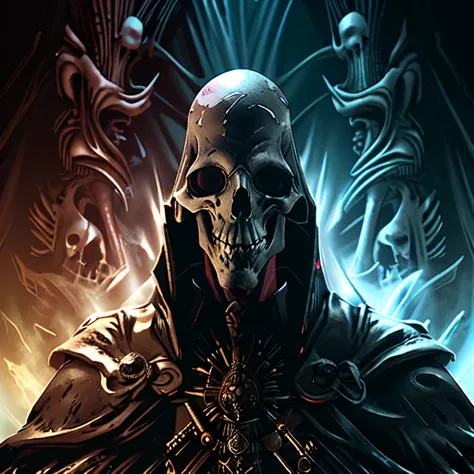 DarkFantasy digital art graphic novel by UdonCrew bioluminescent lich <lora:1651758653905247290:0.51> Skulls rule (ÃâÃ) <lora:RPGLich:1> lich with glowing eyes and robe, jewelry, weaving dark magics, <lora:BoneMagic:0.38> bonemagic , energy stream