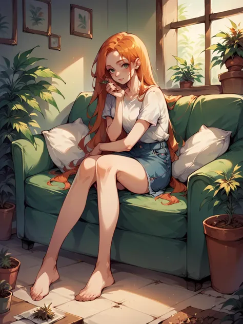 score_9, score_8_up, score_7_up, score_6_up,  <lora:marijuana2XLP:0.6> marijuana, plant, leaf, potted plant, 1girl, couch, sitting, long hair, ginger hair