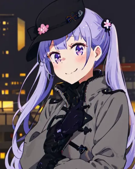 1girl, purple eyes, solo, long hair, smile, twintails, looking away, purple hair, hair ornament, blush, black gloves, black hat, looking at viewer, holding, black coat, upper body, depth of field, cityscape, closed mouth, long sleeves, <lora:Suzukaze_Aoba:1>,