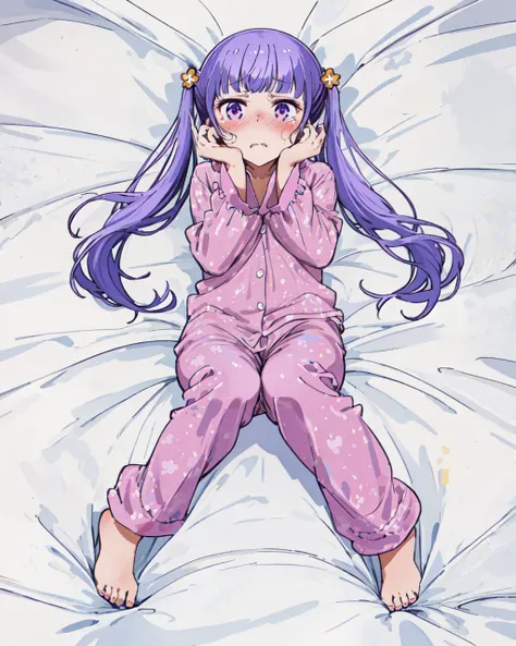 1girl, pink pajama, purple eyes, solo, long hair, twintails, scared, crying, purple hair, hair ornament, blush, bed sheet, full body, <lora:Suzukaze_Aoba:1>,