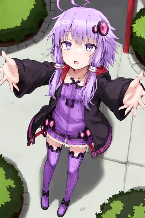 yuzuki yukari, purple hair, short hair with long locks, ahoge, hair ornament, purple eyes, purple dress, hooded jacket, open clothes, sleeves past wrists, purple thighhighs <lora:yuzukiYukari_v10:0.5>, masterpiece, best quality, incoming hug, from above, (outstretched hand) <lora:incomingHug_v11:1>, outdoors, city background