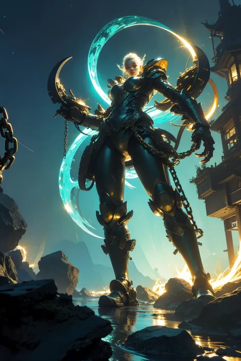 (night:1.6),city lights,reflection,(light stream:1.6),starry sky,motion blur,(lowing_super_big_ghalo:1.4),
1girl,solo,(full body:1.3),extremely detailed eyes and face,white hair,long hair,(Mecha:1.2),dynamic posture,Tall and elegant,(cyan | golden | black theme:1.5),(Mechanical:1.2),cyberpunk scenery background:1.3,Gorgeous,
<lora:zhongfenghuaxiyou:0.5>,fuyao,(from below:1.2),(chains:1.2),(monster:1.2),(sword:1.2),