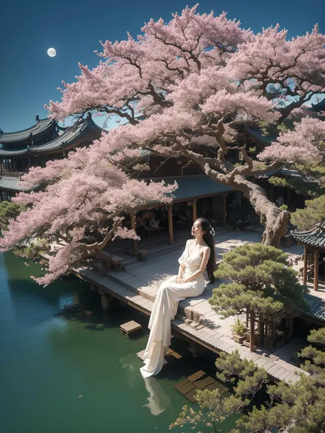 (fuyao:1),(from above:1),scenery,architecture,east asian architecture,paper lantern,(Big tree:1.2),
1girl,solo,long hair,black hair,hair ornament,dress,holding,bare shoulders,jewelry,sitting,closed mouth,full body,flower,water,night,chinese clothes,looking down,moon,cherry blossoms,night sky,full moon,branch,ripples,lotus,