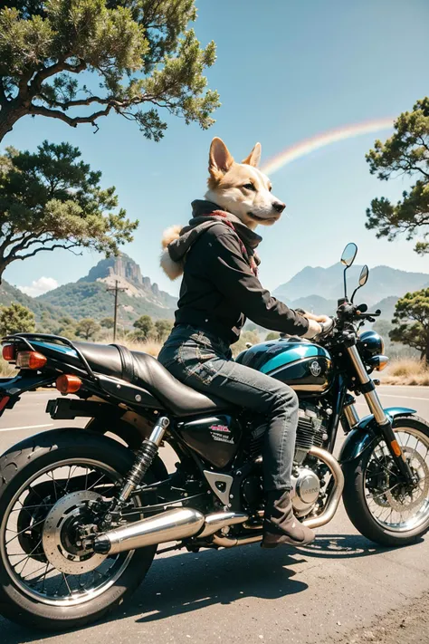 very beautiful,high quality,(a dog riding a motorcycle:1.1),corgi,dog,solo,(motor vehicle:1.2),riding,scarf,running on the rainbow,tree,extreme perspective,looking up at the camera,rainbow,furry,3d style,C4D,blender,kawaii,water spray,speed,bifrost,(masterpiece:1.2),best quality,PIXIV,humorous,beautiful colorful background,MG keji,