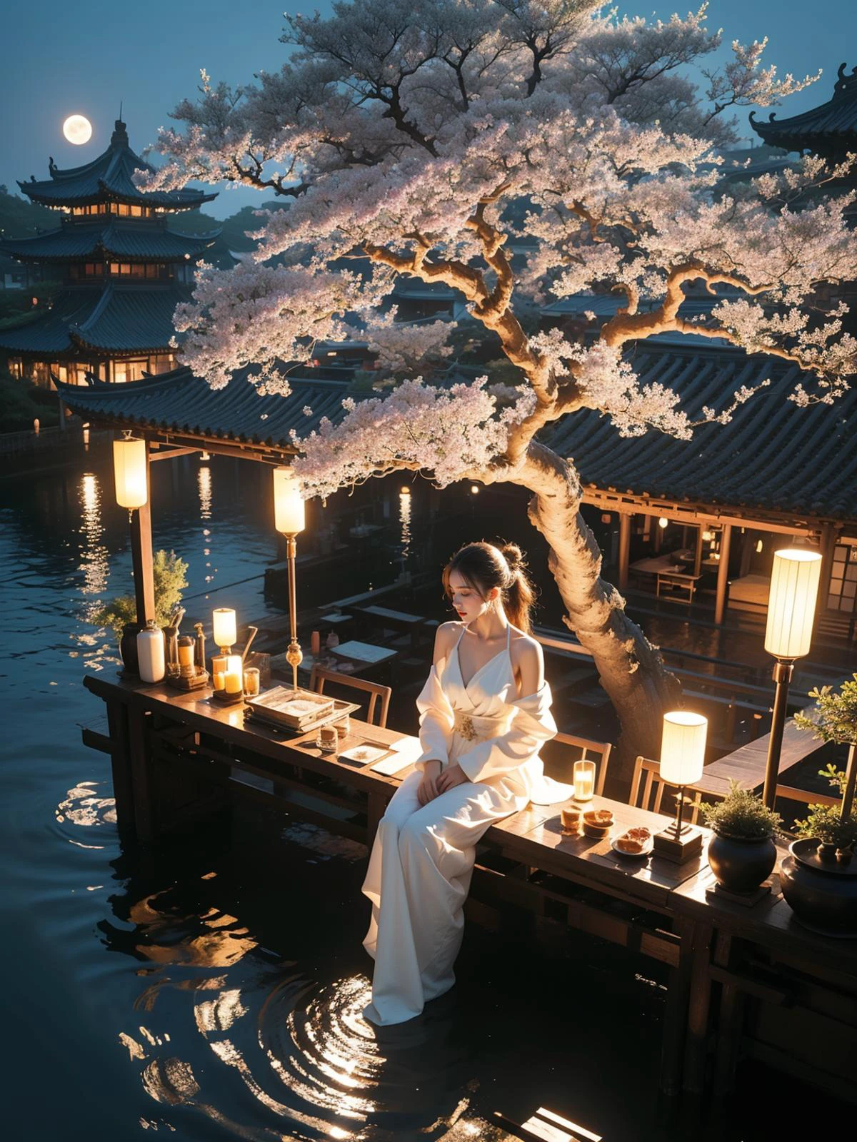 fuyao,(from above:1),(night:1.2),scenery,architecture,east asian architecture,(quadrate_paper_lantern:0.9),(Big tree:1.2),
1girl,solo,long hair,black hair,hair ornament,dress,holding,bare shoulders,jewelry,sitting,closed mouth,full body,flower,water,night,chinese clothes,looking down,moon,cherry blossoms,night sky,full moon,branch,ripples,lotus,