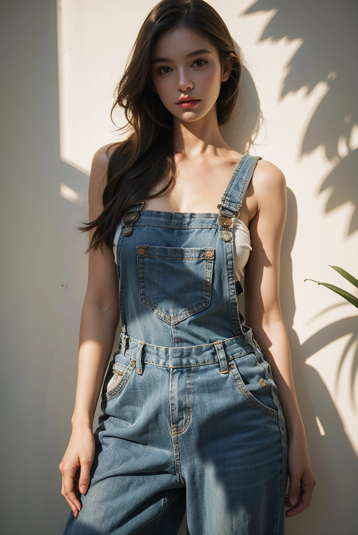 1girl,realistic,large breasts,landscape,sexy pose,
naked overalls,bare shoulders,denim jumpsuit,light and shadow,