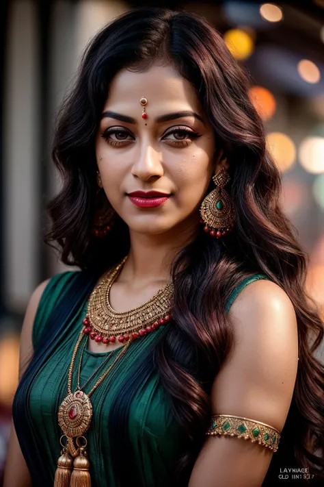 photo of (EPSun4y4n4F0zd4r:0.99), closeup portrait, perfect hair, (modern photo, traditional  Indian dress, indian jewelry, indian necklace, indian earrings, indian nose piercing, bindi), 24mm, (analog, cinematic, film grain:1.3), (([cyberware emporium,  clay tiles roof,dynamic augmented reality cladding, twilight,incandescent outdoor lamps, pin spot lighting| workshop], gradient:1.1)), ((detailed eyes)), ((eyeliner, long lashes)), (epicPhoto), long eyelashes, (perfect waist), (painted lips)