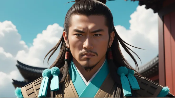 <lora:FluffyStyleXL:1.3> FluffyStyle Turquoise portrait, solo, half shot, looking up, detailed background, detailed face, (<lora:TotemPunkAI:0.5>, totempunkai, sioux theme:1.1), ronin, Bronze samurai clothing, calm, samurai crest, dojo in background, cinematic atmosphere,, hairy