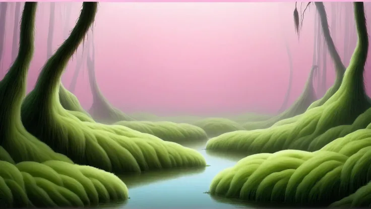 <lora:FluffyStyleXL:1.3> FluffyStyle Pink a haunted swamp, where the veil between our world and the realm of horror grows thin, hairy