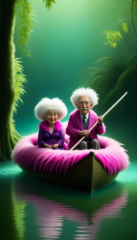 <lora:FluffyStyleXL:1.3> FluffyStyle Fuchsia an elderly couple boating on the serene waters of an enchanted swamp, fuzzy