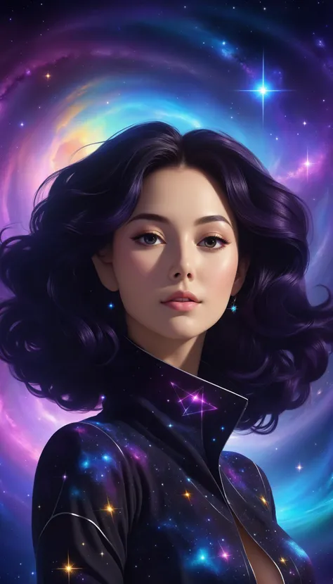 <lora:FluffyStyleXL:1.3> FluffyStyle Black (style-swirlmagic:0.7), solo, half shot, looking at viewer, detailed background, detailed face, (<lora:PrecursorTech:0.6>, geometrical steel, precursortech theme:1.1) star sorcerer, zodiac, horoscope, calm composure, calm, pisces, esoteric patterns, astral energy, nebula, bright rainbow lights, cosmic light, aura, bloom, floating particles, stardust, backlighting, cosmic space background, surreal esoteric atmosphere,, furry