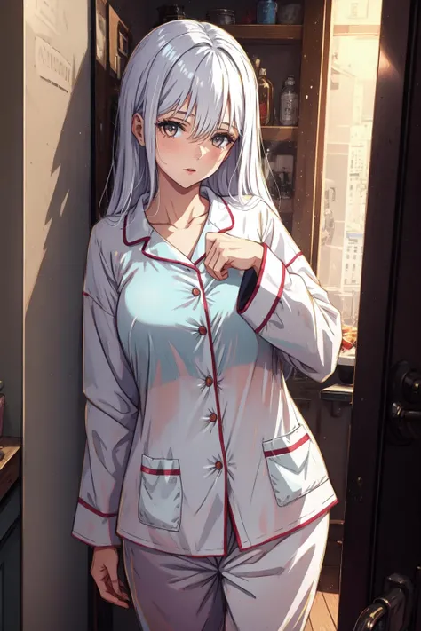 1girl, mature female, <lora:Kearsarge-20:0.6>, pajamas, eukearsarge, <lora:add_detail:0.2>