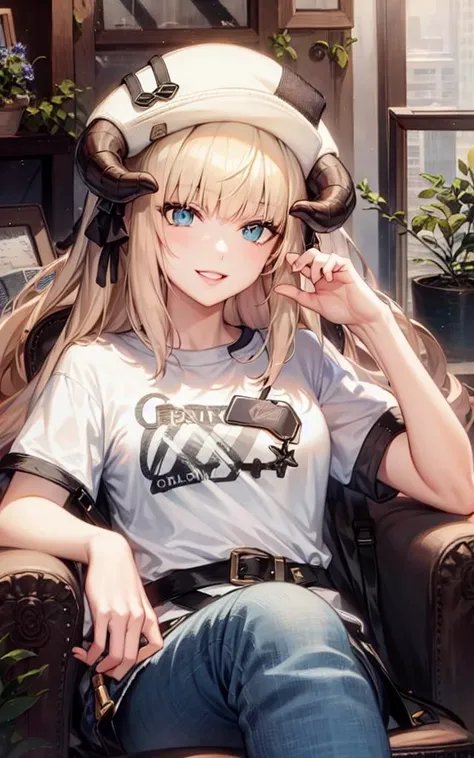 ,1girl,jeans,t-shirt,headphone,hat,horn,chair,sitting,headband,smile,