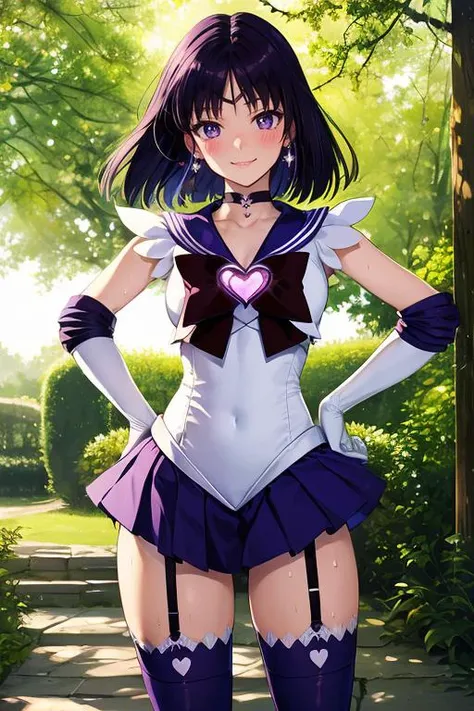 (solo, 1girl), (absurdres, highres, official wallpaper, poster), (masterpiece, best quality:1.2), (illustration, realistic), (perfect details, highest detailed, extreme detailed), dramatic light,  <lora:HotaruTomoe:1>, HotaruTomoe, (sailor saturn,  purple hair, short hair, neck ribbon, circlet, jewelry, elbow gloves), ( garter belt, white legwear), (garden, park, standing),  (blush, sweat, seductive smile, heart-shaped pupils), (hands on hips)