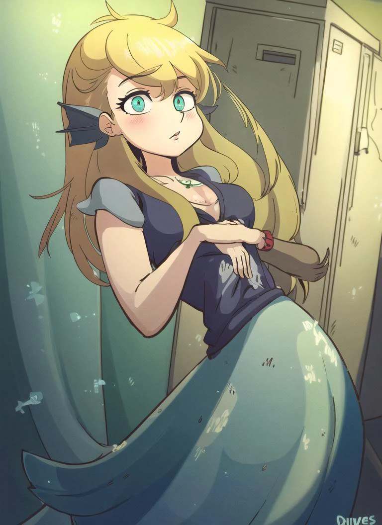 ((best quality)), ((highly detailed)), masterpiece, detailed face, beautiful face, (detailed eyes, deep eyes), (1girl), cowboy shot, <lora:aiomonstergirls_loraLocon:.9>, <lora:animeMermaid_v10:1>, (mermaid), fins, (indoors, in a lockerroom), <lora:DiivesStyle:.6>, Diives