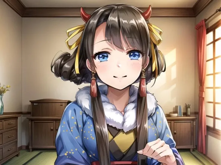 1girl, <lora:indoors_or_outdoors_last:-1.2>, <lora:Hachioji_v1:0.7>Hachioji,drill hair, blue japanese clothes,hair ribbon, zooming out, japanese room,, <lora:flatBG:-0.45> ,<lora:flat2:-0.45>,(dark light:1.2),(hyper extreme detailed),(masterpeace:0.5),(hyper extreme),(photorealistic),game cg,llustration,novel illustration,beautiful lighting,light from the front,, perfect anatomy, Only the upper body and head can be seen, view straight on,