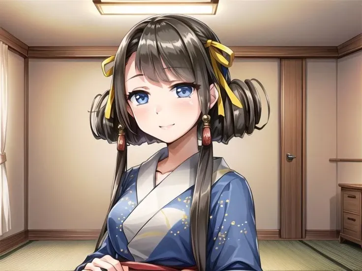 1girl, <lora:indoors_or_outdoors_last:-1.2>,  <lora:Hachioji_v1:0.7>Hachioji,drill hair, blue japanese clothes,hair ribbon,   zooming out, japanese room,, <lora:flatBG:-0.45> ,<lora:flat2:-0.45>,(dark light:1.2),(hyper extreme detailed),(masterpeace:0.5),(hyper extreme),(photorealistic),game cg,llustration,novel illustration,beautiful lighting,light from the front,, perfect anatomy, Only the upper body and head can be seen, view straight on,