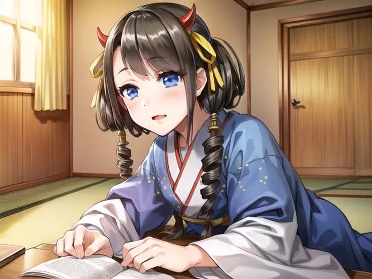 1girl, <lora:indoors_or_outdoors_last:-1>, <lora:Hachioji_v1:0.7>Hachioji,drill hair, blue japanese clothes,hair ribbon, zooming out, japanese room,, <lora:flatBG:-0.45> ,<lora:flat2:-0.45>,(dark light:1.2),(hyper extreme detailed),(masterpeace:0.5),(hyper extreme),(photorealistic),game cg,llustration,novel illustration,beautiful lighting,light from the front,