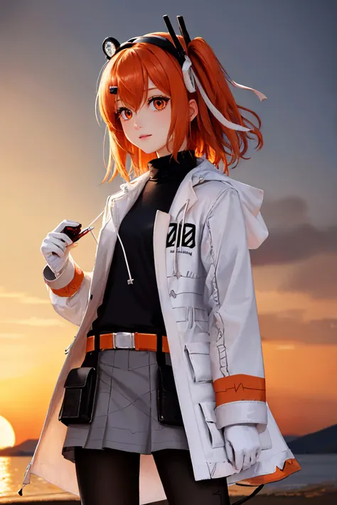 anime girl with orange hair and a white coat holding a knife