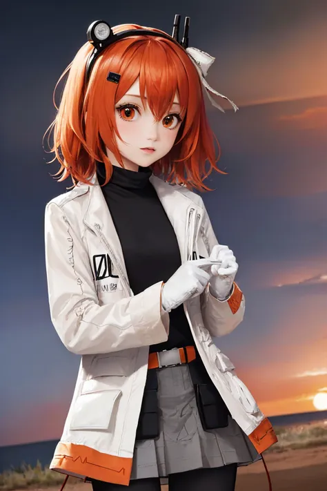 (masterpiece, best quality:1.2), cowboy shot, solo, 1girl, adachi rei, hairclip, hair ribbon, radio antenna, white jacket, open jacket, black shirt, turtleneck, long sleeves, white gloves, grey skirt, black leggings, utility belt, sunset, orange theme <lora:utau_adachi:1.0>