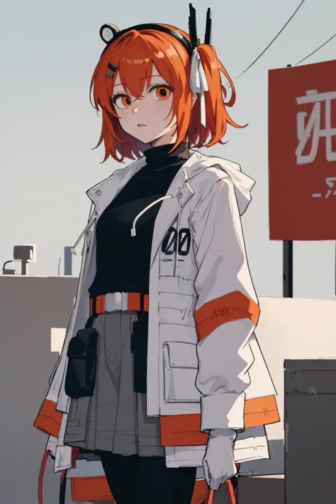 (masterpiece, best quality:1.2), cowboy shot, solo, 1girl, adachi rei, hairclip, hair ribbon, radio antenna, white jacket, open jacket, black shirt, turtleneck, long sleeves, white gloves, grey skirt, black leggings, utility belt <lora:utau_adachi:1.0>