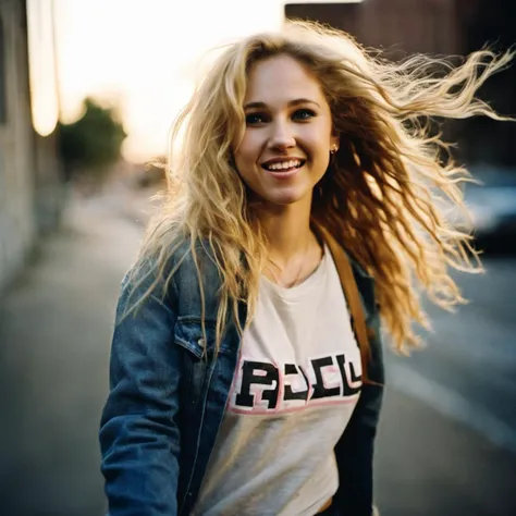 jun0t3mpl3 <lora:jun0t3mpl3:1>, analogue photo, beautiful happy young woman, age 25, with long blonde hair, jeans and a t-shirt, walking, upper body, concrete back ally, evening, cinematic lighting, eye level, shot on Leica M3, Fujicolor Pro, vignette, in style of Brandon Woelfel