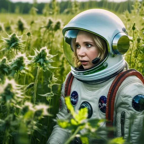 junot, <lora:junot_resized_256_bf16:1> a candid photo of a woman with an astronaut helmet, in a lush field of weed, in the style of stefan kostic, realistic, sharp focus, 8k high definition, insanely detailed, intricate, elegant, art by stanley lau and artgerm