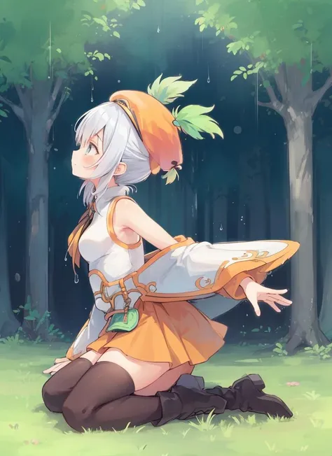 1girl, <lora:lucia:1>,hat,boots,thighhighs,orange skirt,stand,on grass,closed mouth,(from side:1.3),forest,head up,rain,light,pov head,stretching