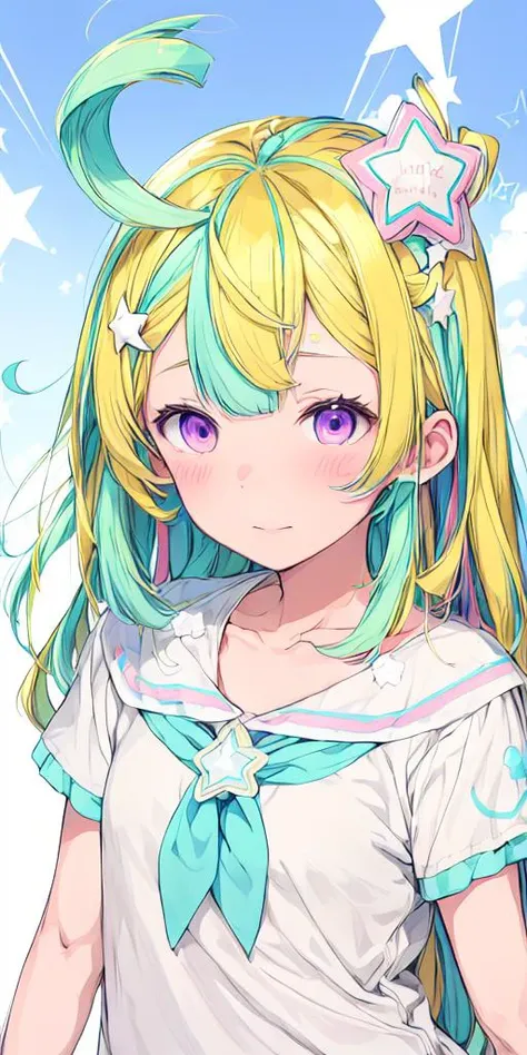 amakawa hano,<lora:amakawa hano:0.7>,1girl, star hair ornament, hair ornament, solo, multicolored hair, blonde hair, star (symbol), long hair, purple eyes, blush, neckerchief, upper body, green hair, sailor collar, one side up, shirt, streaked hair, blue sky, white shirt, bangs, short sleeves, hairclip,<lora:flat2:-0.5>,<lora:boldline2:-0.5>,<lora:saturation:0.5>,<lora:noline:-0.5>,<lora:flatBG:0.5>,<lyco:kotobuki:-0.75>