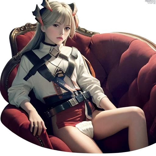 ((masterpiece)),(((best quality))),((ultra-detailed)),((illustration)), official art, extremely detailed CG unity 8k wallpaper, 1girl,cowboy shot, normal,white background, sitting,chair,horns, crossed_leg, <lora:sariaArknightsLocon_v10b:1>