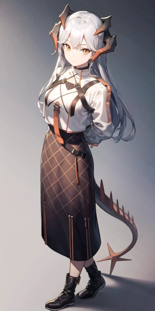 <lora:saria_locon_v1b:0.7>,default outfit, 1girl, solo,boots, full body, black skirt, long skirt, white shirt, full body, looking at viewer, arms behind back, dragon horns, grey hair, white background, close-up, orange eyes, tail, long hair,