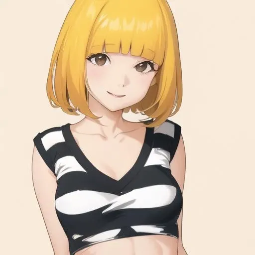 <lora:prison:1>, pr1s0n, 1girl, striped sleeveless shirt, collarbone, crop top, blonde short hair, blunt bangs, smiling